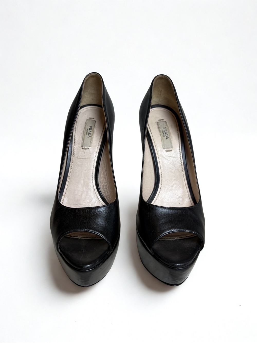 Prada Black Leather Peep-Toe Platform Pumps